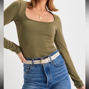 Lulu’s Charming Essential Olive Green Knit Square Neck Long Sleeve Top